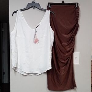 NWT! FAN INK White Sleeveless Top With Elegant Brown Maxi Skirt Set Size XL